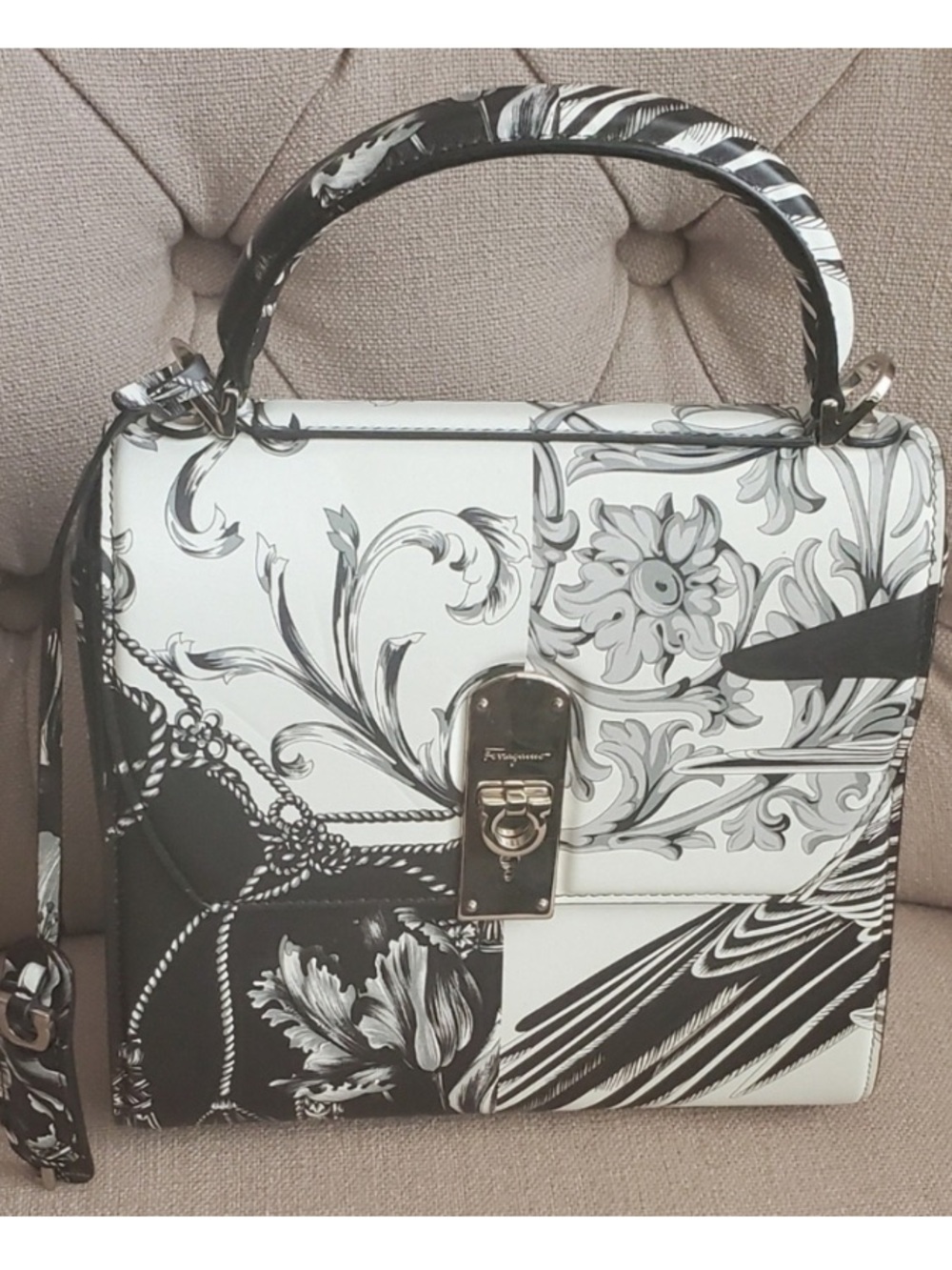 Ferragamo Black and White Baroque Patchwork Boxyz Bag "Limited Edition "